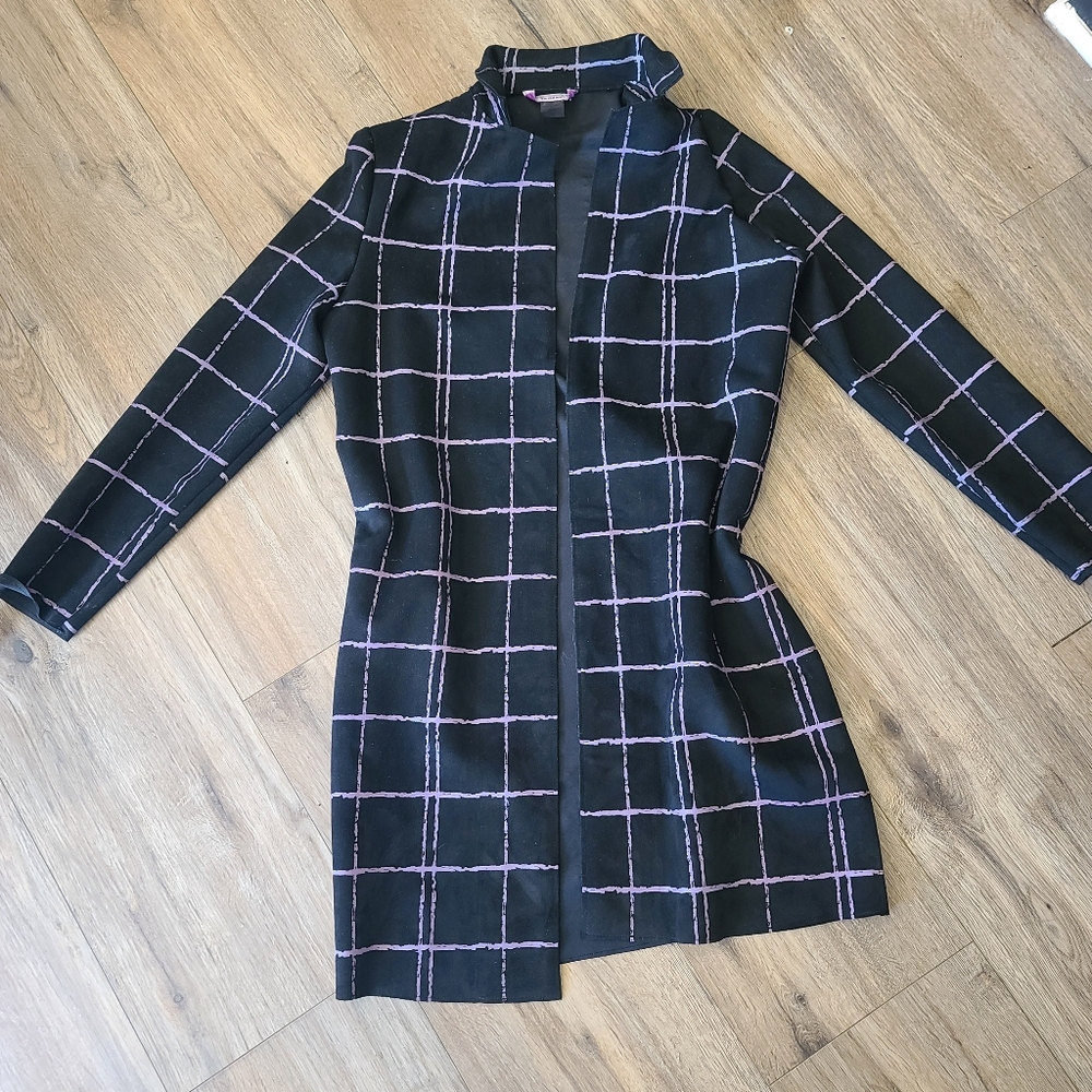 Tanjay Women's Black,purple Checkered Coat sz S faux suede. Ultra Soft
